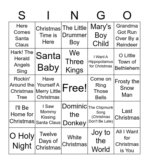 Christmas Songs Bingo Card