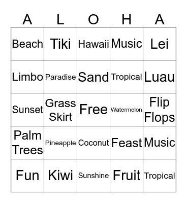 Sahley's Hawaiian Bingo  Bingo Card