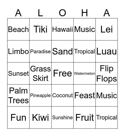 Sahley's Hawaiian Bingo  Bingo Card