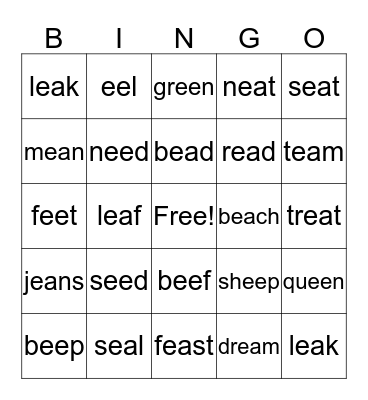 BINGO! -ee and -ea words  Bingo Card