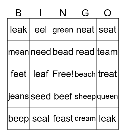 BINGO! -ee and -ea words  Bingo Card