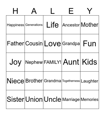 Family Reunion Bingo Card