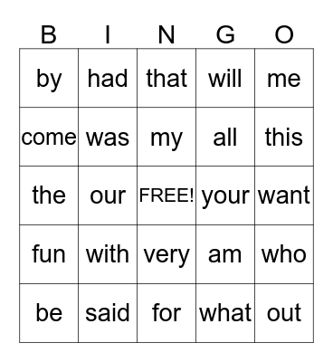 Sight Word Bingo Card