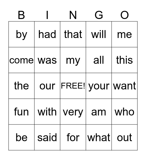 Sight Word Bingo Card