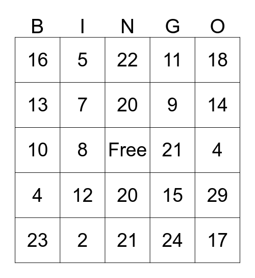 Numeros del 1 al 25 Bingo Card