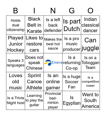 Emera Co-op Orientation 2020 Bingo Card