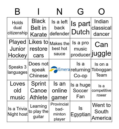Emera Co-op Orientation 2020 Bingo Card