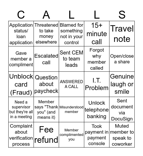 Contact Center Bingo Card