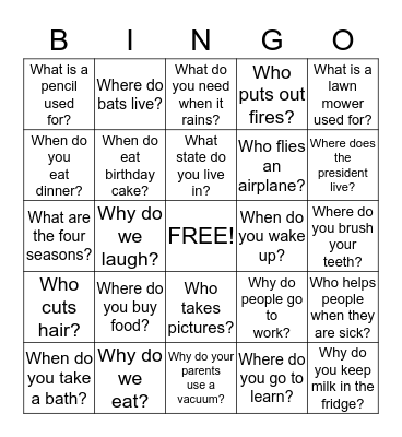 WH QUESTIONS Bingo Card