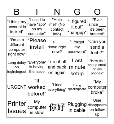 Service Desk Bingo Card