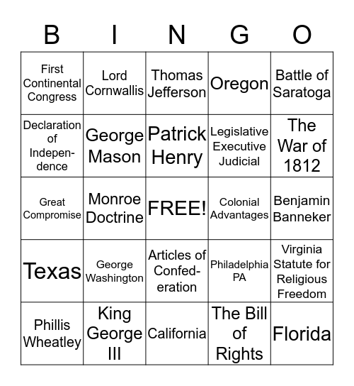 US History to 1865 Card 3 Bingo Card