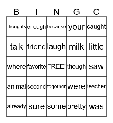 High Frequency Words Bingo Card