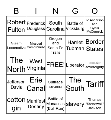 US History to 1865 Card 4 Bingo Card