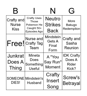 Dr Crafty Season 3 Finale Bingo Card