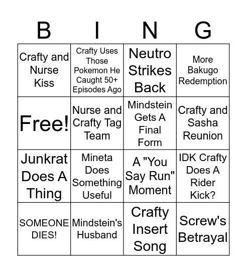 Dr Crafty Season 3 Finale Bingo Card