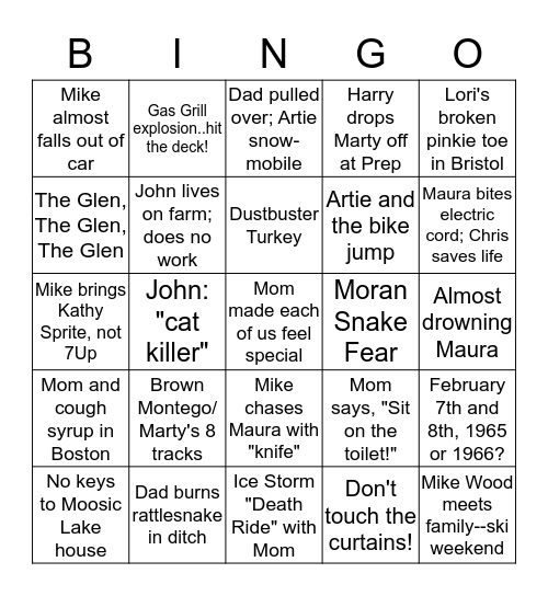 Family Bingo Card