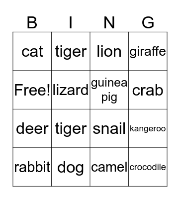 priory animal bingo Card