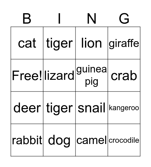 priory animal bingo Card