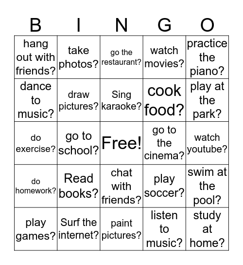 Do you like to______________? Bingo Card