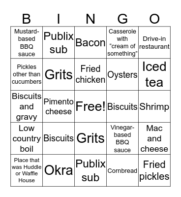 Southern Food Bingo Card