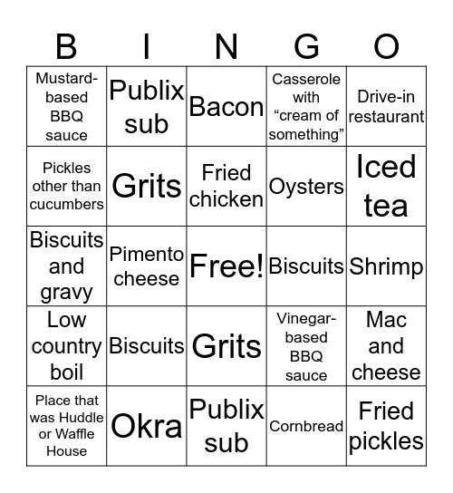 Southern Food Bingo Card