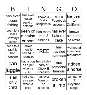 About You Bingo Card
