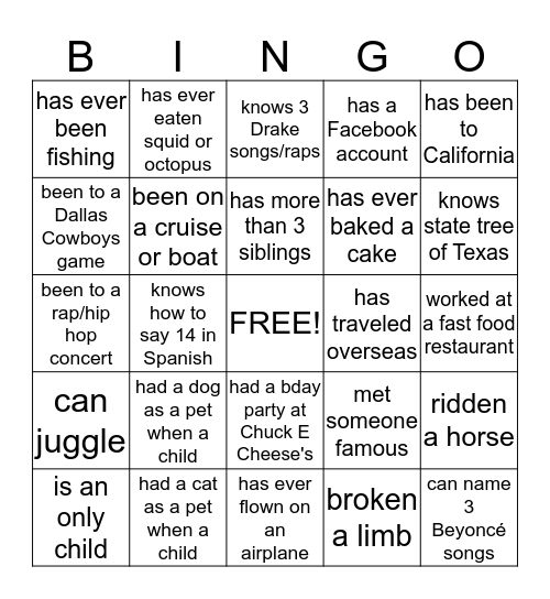 About You Bingo Card