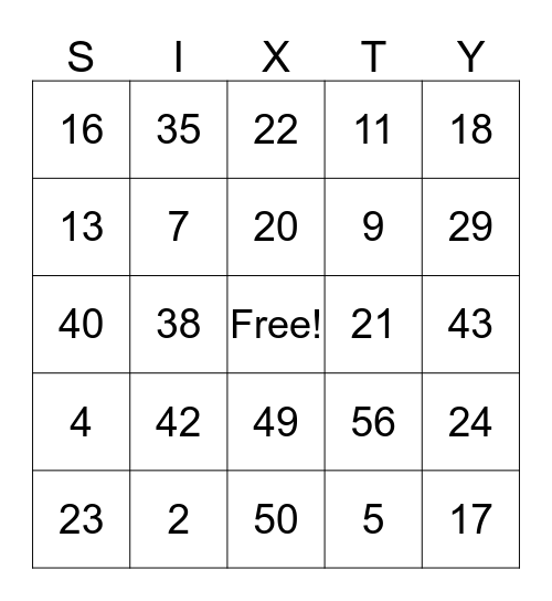 Sixty Years Bingo Card