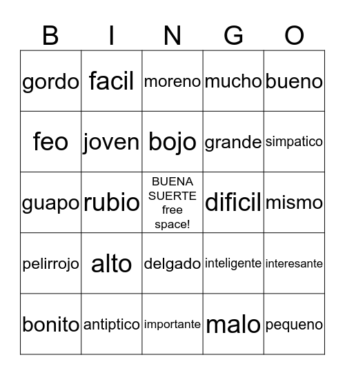 Common Adjectives Bingo Card