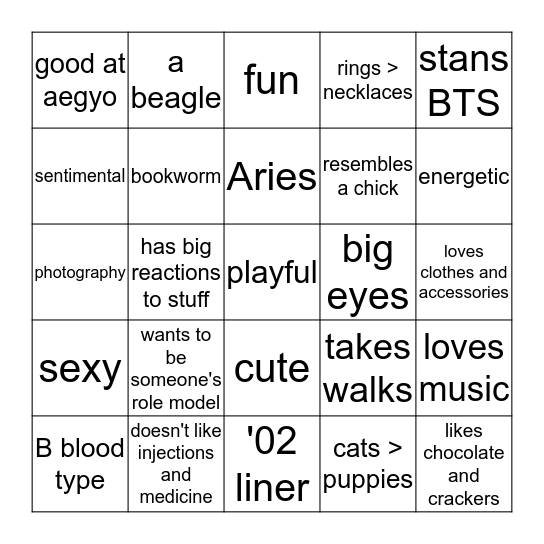 Jinsung Bingo Card