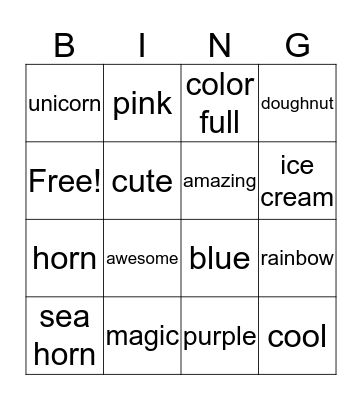 Unicorn Bingo Card