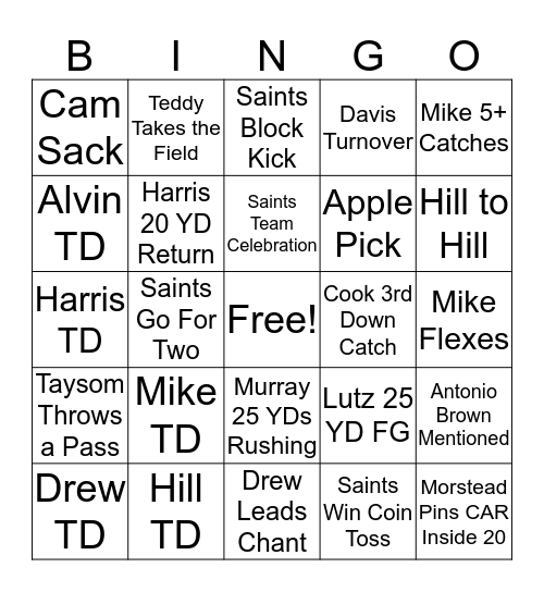 Saints Vs Panthers  Bingo Card