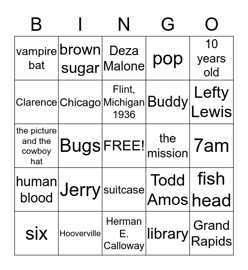 Bud, Not Buddy - Chapters 1 - 8 Bingo Card
