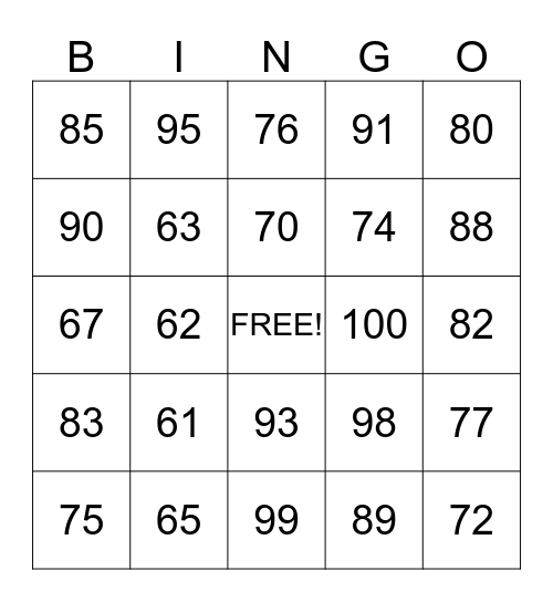 Numbers 61-100 Bingo Card
