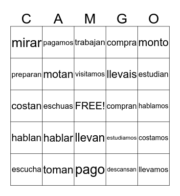 Conjugating AR Verbs Bingo Card