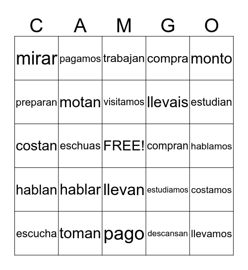 Conjugating AR Verbs Bingo Card