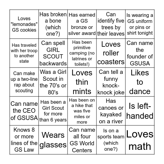 Getting To Know Your Scout Sisters Bingo Card
