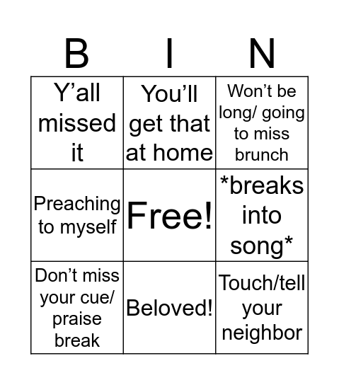 Pastor’s Corner Bingo Card