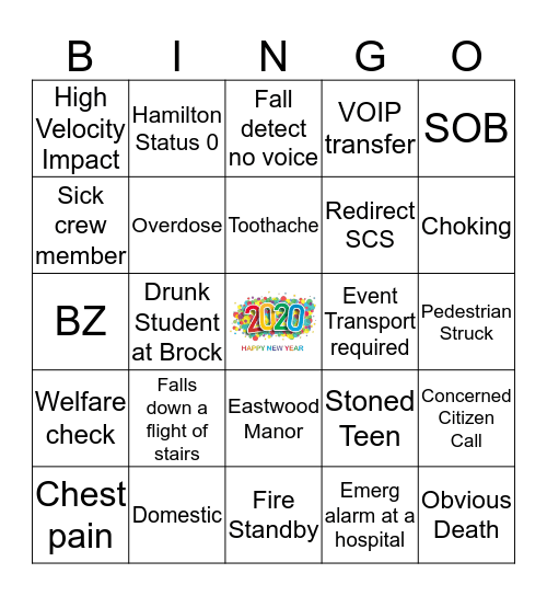 New Years Eve 911 Bingo Card