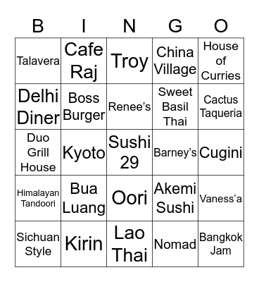 Solano Avenue Dinner Bingo Card