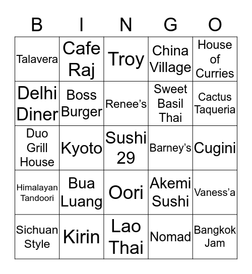 Solano Avenue Dinner Bingo Card