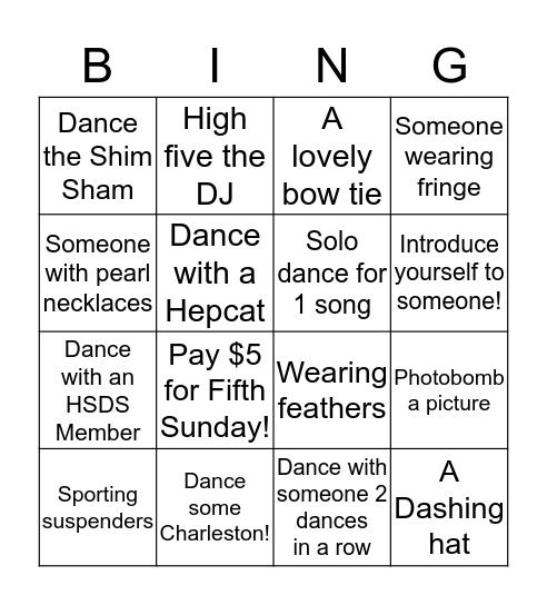Houston Swing Dance Society Bingo Card