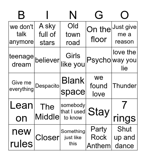 Top pop songs of the decade  Bingo Card