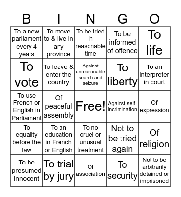 The Canadian Charter Rights Bingo Game Bingo Card