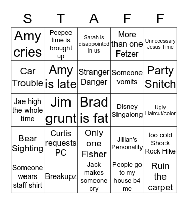 Staff Reunion Bingo Card