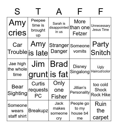 Staff Reunion Bingo Card