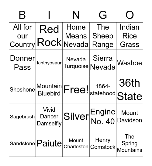 Nevada Bingo Card