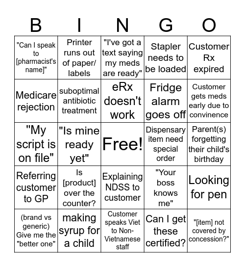 Pharmacy Bingo Card