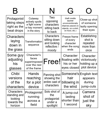 Anime Opening Bingo Card