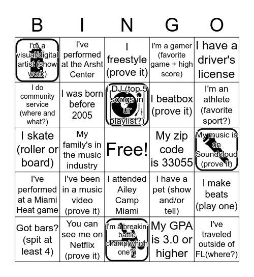 These Are The Breaks: Winter Intensive 2019-2020 Bingo Card